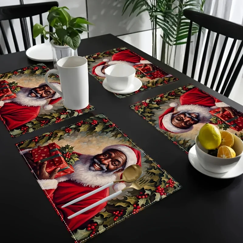 4pcs, Black Santa Claus Placemat, Rectangular Table Mat, Holly Berry Table Mat, Suitable for Happy New Year Holiday Dining