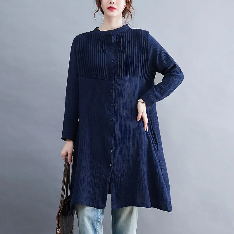 

2024 Fashion Chinese Style Autumn Womens Linen Shirts Large Tunics Tops Ladies Casual Loose Cotton Long Blouses Plus Size 12949