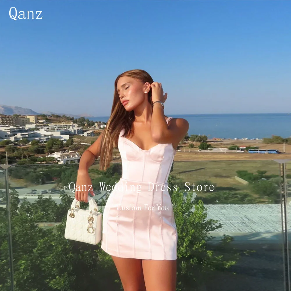 

Qanz Sexy Pink Mini Prom Dresses Spaghetti Straps Satin Vestidos De Festa Sweetheart Above Knee Dress Pary Nigh Gown Customized