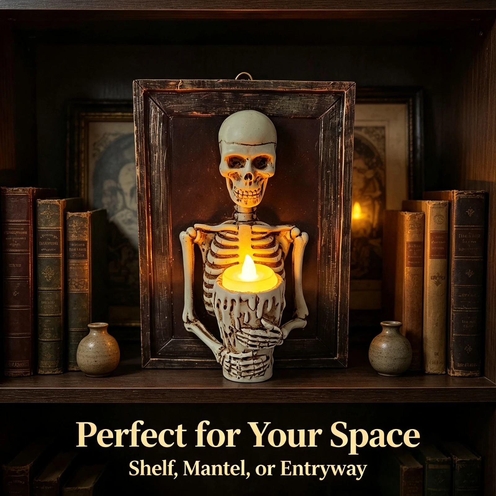 LED Skeleton Candle Holder Resin, Skull In Frame Wall Hanging, Gothic Horror Home Decor Spooky, Halloween Party Prop Ornament Gi