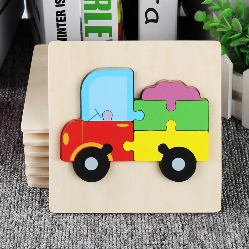 Bambini Ragazzi e ragazze Cartone animato Puzzle tridimensionale in legno Traffico animale Geometria Forma Puzzle abbinato Giocattolo P80