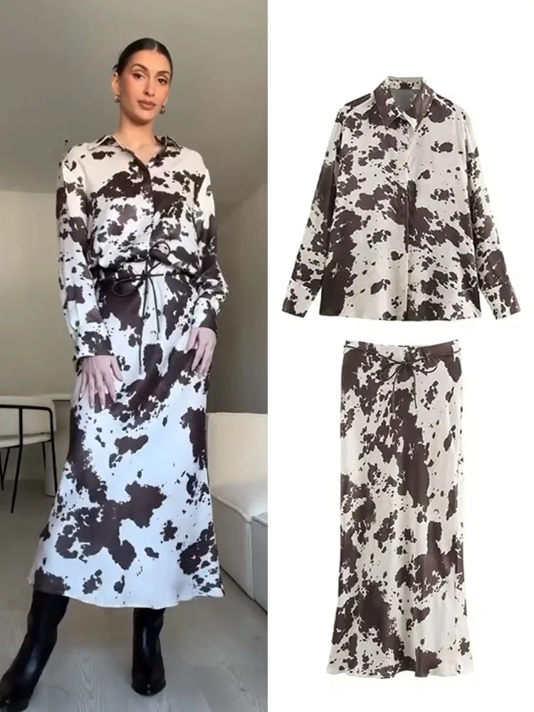 

TRAFZA Women Spring Skirts Suit Single-breasted Turn-down Collar Printed Shirt+Elegant High Waist Satin Texture Belt Midi Skirt