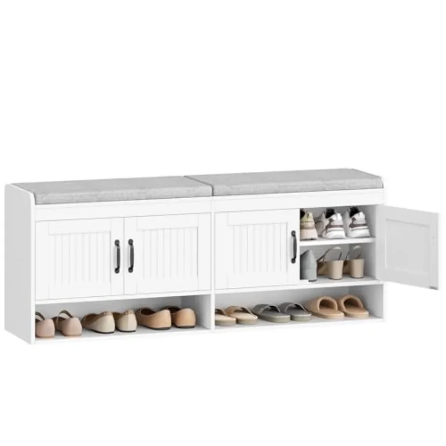55.1 Shoe Storage Bench for Entryway, MDF Wood in Gray with Soft-Padded Cushion and 4 Concealed Doors