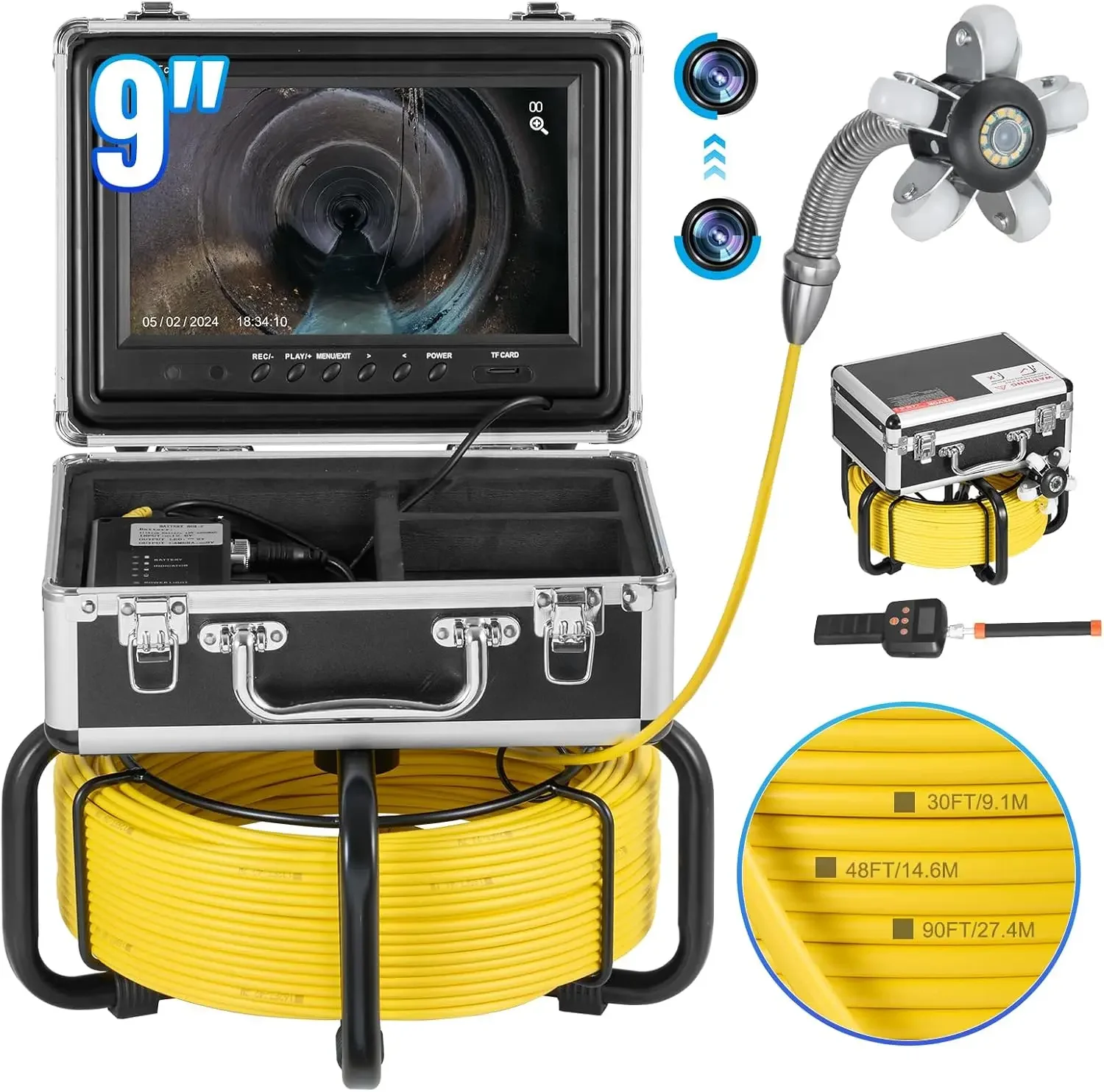 Sewer Camera with 512Hz Locator 98 ft 30 m Self Leveling Drain Inspection Camera with 9 1080P HD Screen 36X Zoom Snake