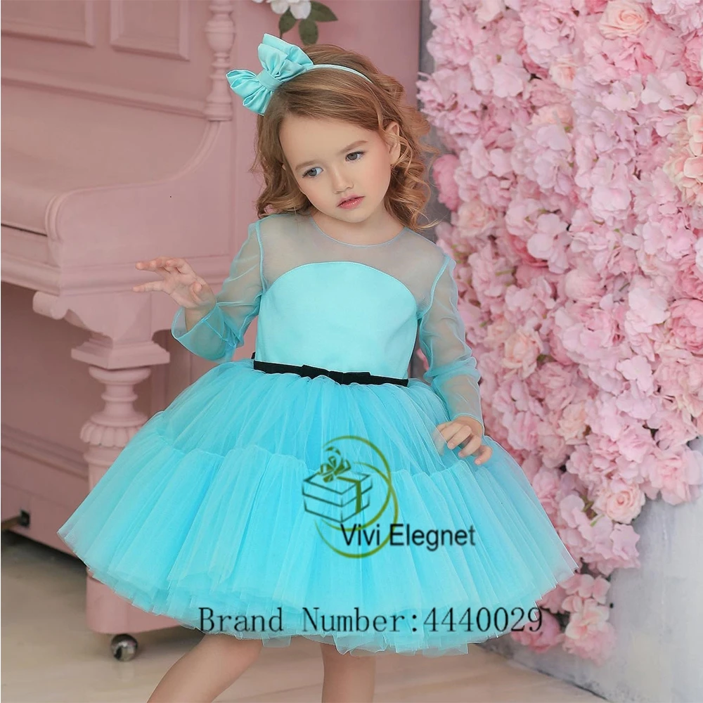 Mint Green Full Sleeve Flower Girl Dresses with Soft Tulle 2023 Summer Scoop Wedding Party Gowns New Tiered فساتين للحفلات الراق