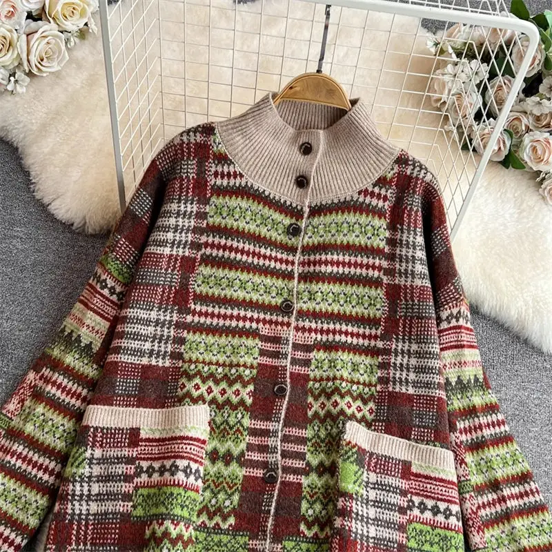 Retro Ethnic Style Sweater Coat Women\'s Autumn Winter Oversized Stand Neck Single Breasted Knitted Jacquard Dress Cardigan Z2860