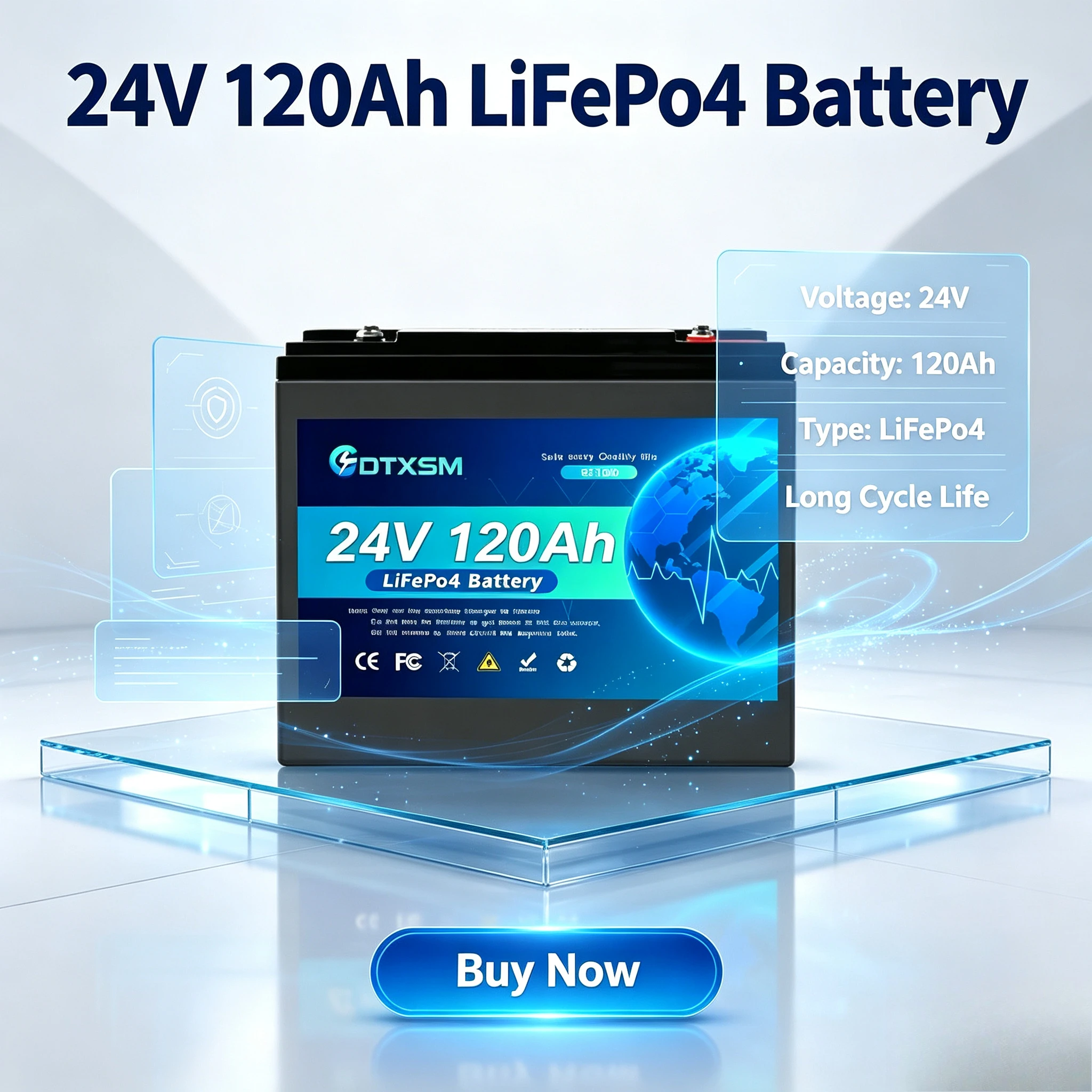 24V 100Ah LiFePO4 Lithium Battery Pack, Efficient Deep Cycle Rechargeable Storage Battery for Solar RV Camping Off Grid Supply