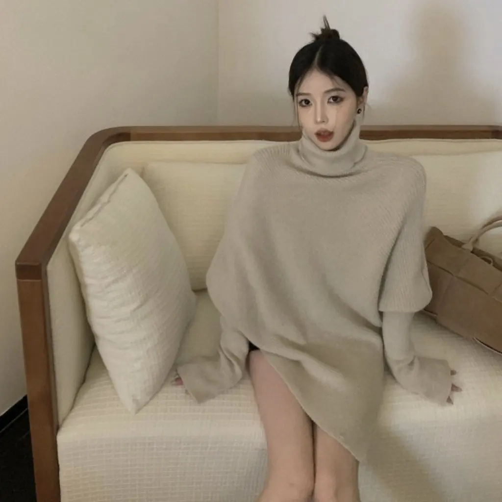 

Women's Irregular Design Turtleneck Sweater Loose Fit All-match Lazy Style for Autumn Winter New