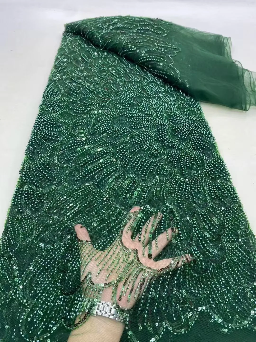 قماش دانتيل تول مطرز بالترتر النيجيري الأفريقي ، فساتين حفلة موسيقية من الخرز الخياطي ، جودة عالية ، 5 ياردات ، 2025 DP0449