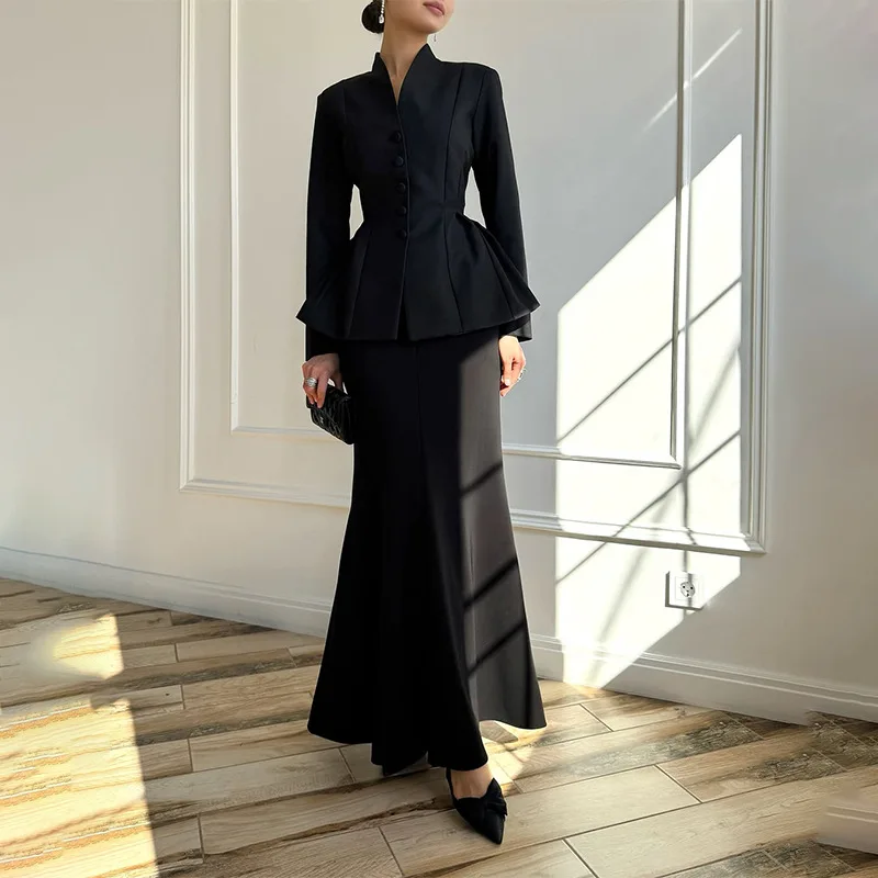 2025 nueva moda mujer color sólido de manga larga multi-top envuelto en la cadera falda larga conjunto Z040