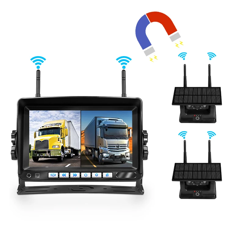 

Hot Sale 7 Inch IPS Screen with DVR Function Rechargeable Battery Solar Magnetic Wireless Backup for Truck Trailer RV