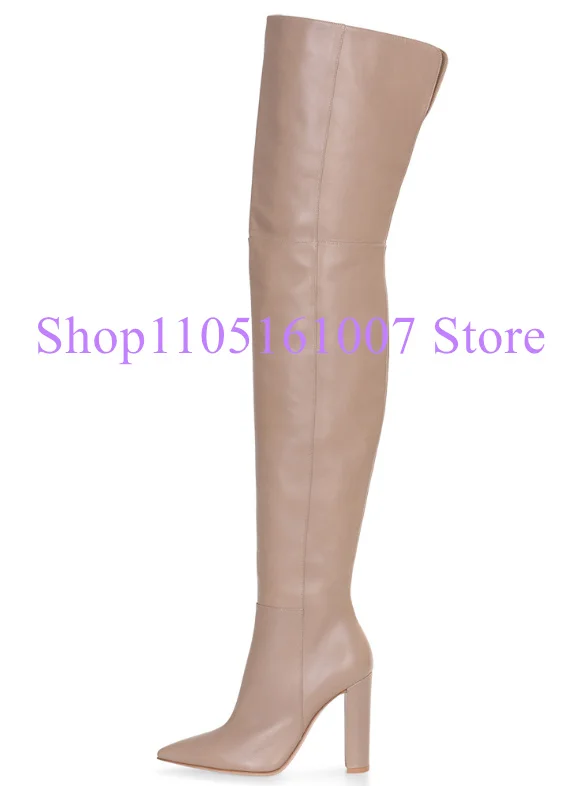 

Black Leather Chunky Heel Woman Long Boots Sexy Pointed Toe Thick Heel Over the Knee Boots Lady Fashion Thigh High Boots