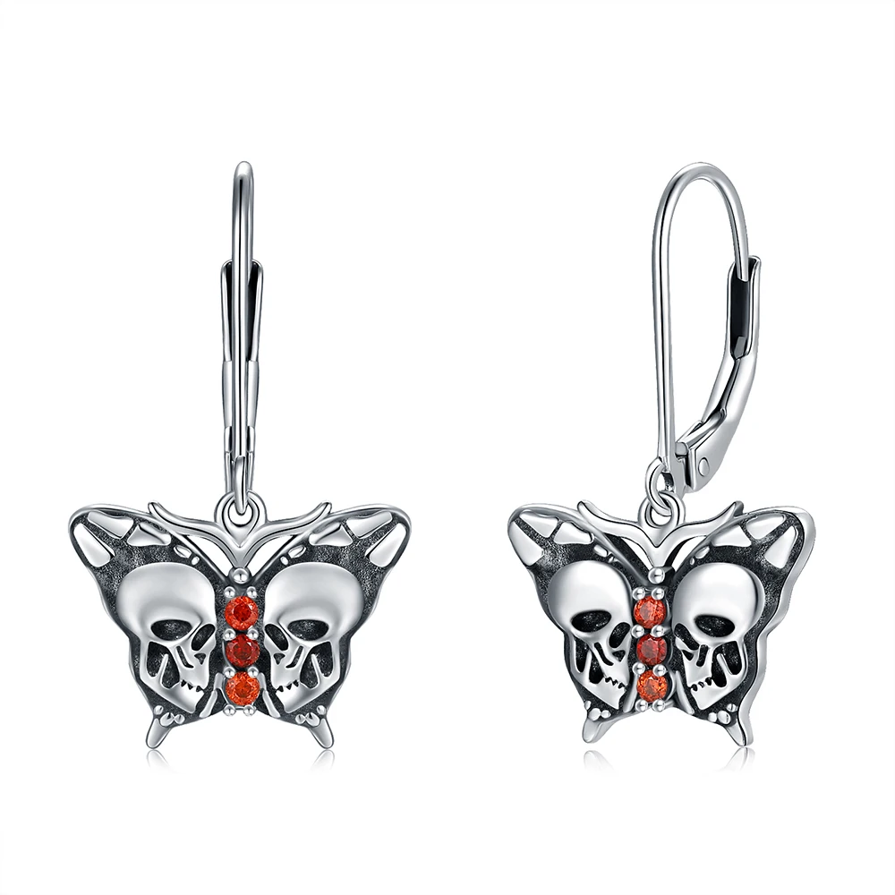 

925 Sterling Silver Gothic Skeleton Skull Butterfly Drop Earrings With Zircon Halloween Jewelry Gifts For Women Girls Friends