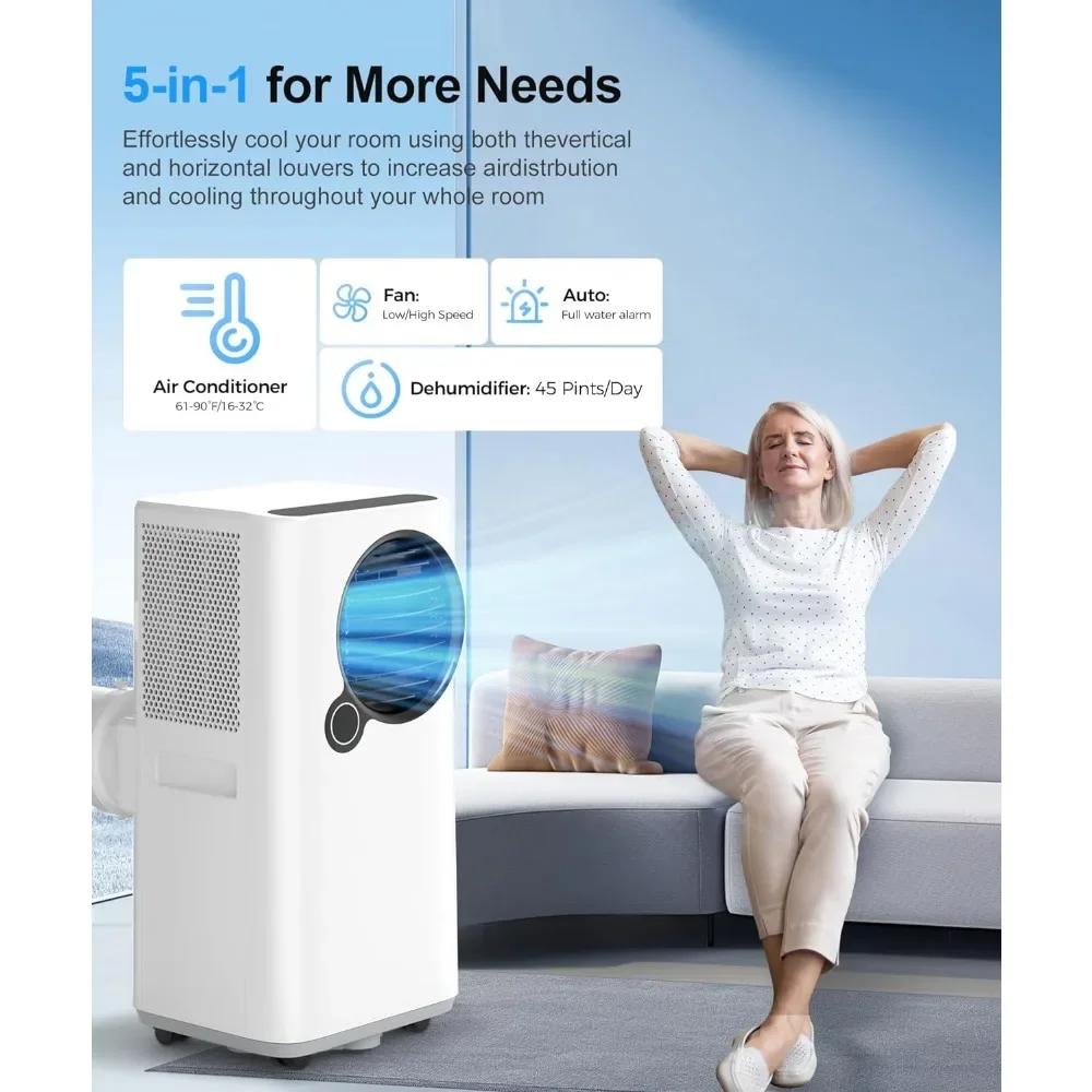 Condicionadores de ar portáteis com ventilador e desumidificador, Unidade de CA, Refrigeração e Aquecimento, Modo Inteligente e Suspensão, Balanço Automático, 16000 BTU, 5 em 1, 24H