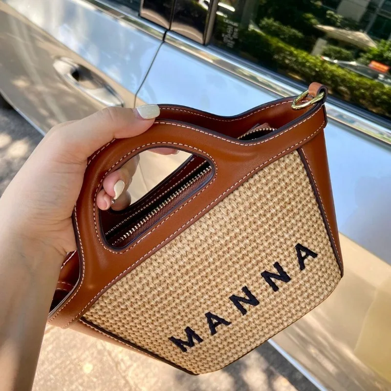 Advanced Sense Bag Women\'s New Summer Straw Woven Bag Spliced One Shoulder Crossbody Basket Beach Bags Korean Ladies Handbag