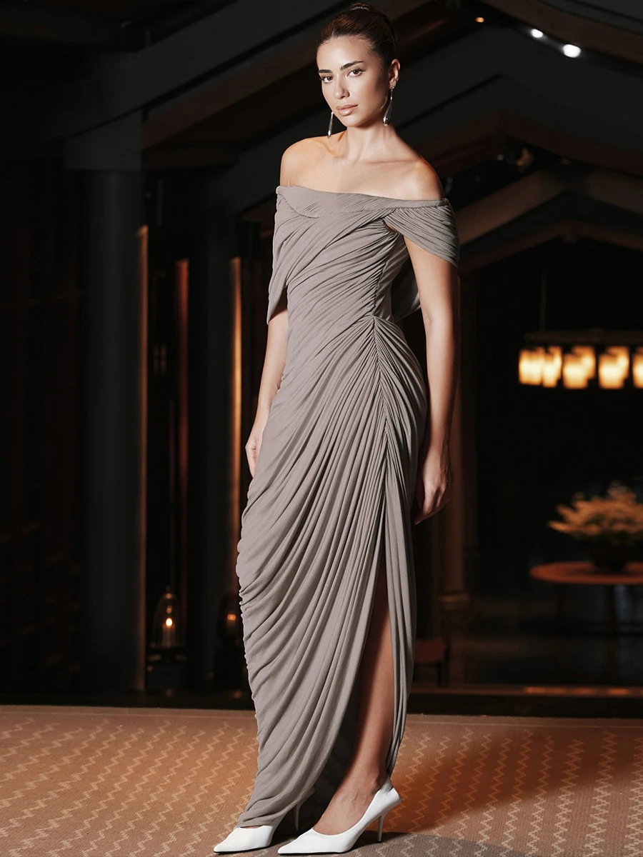 Kliou Ruched Elegant Long Dress Woman Slash Neck Backless Irregular Shape Gown Robe Midnight Prom Party Sexy Fashion Vestidos