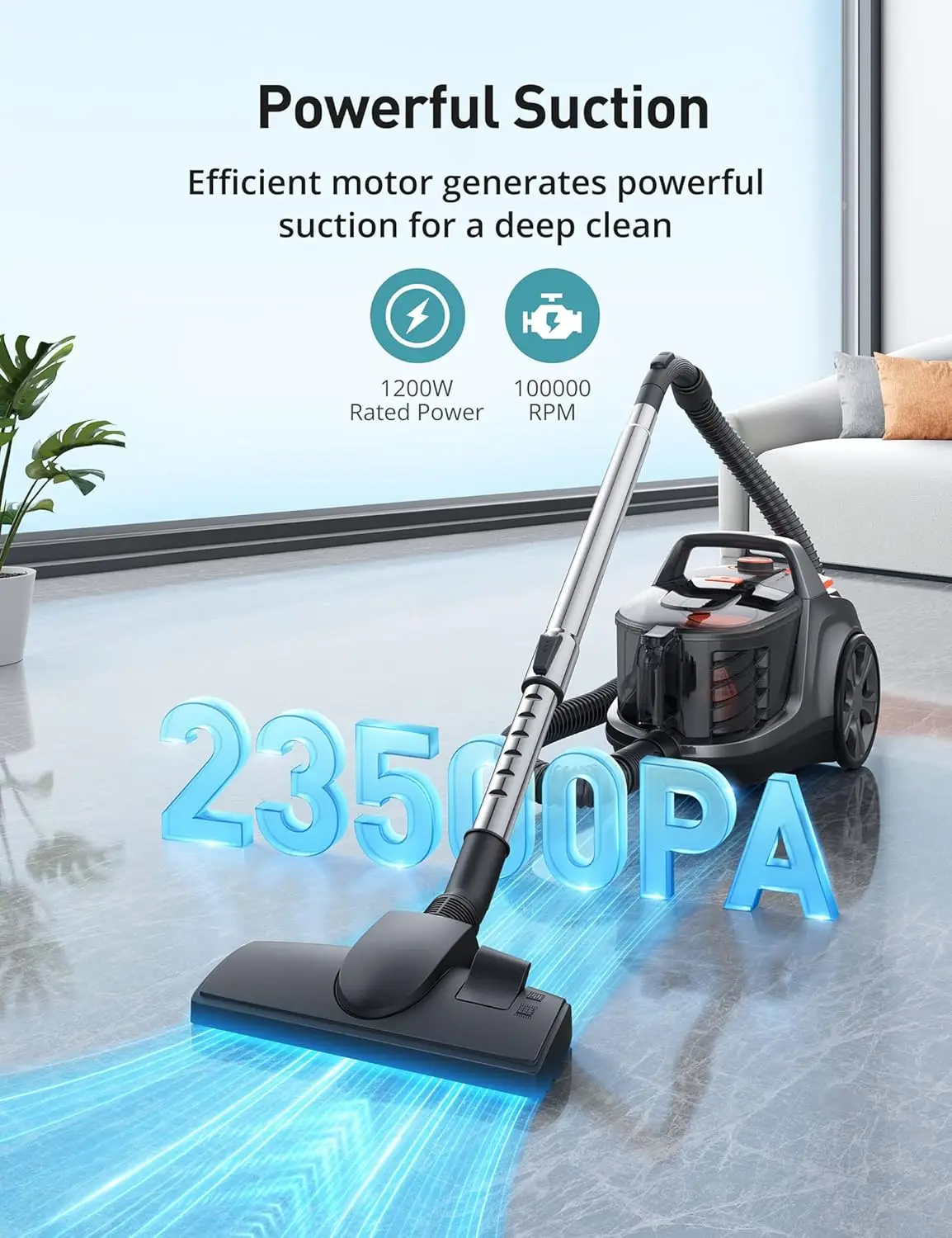 Upgraded 1200W Bagless Canister Vacuum Cleaner, Auto Cord Rewind, H13 HEPA Filter, 3.7Qt Large Capacity, 5 Tools for Hard Floors