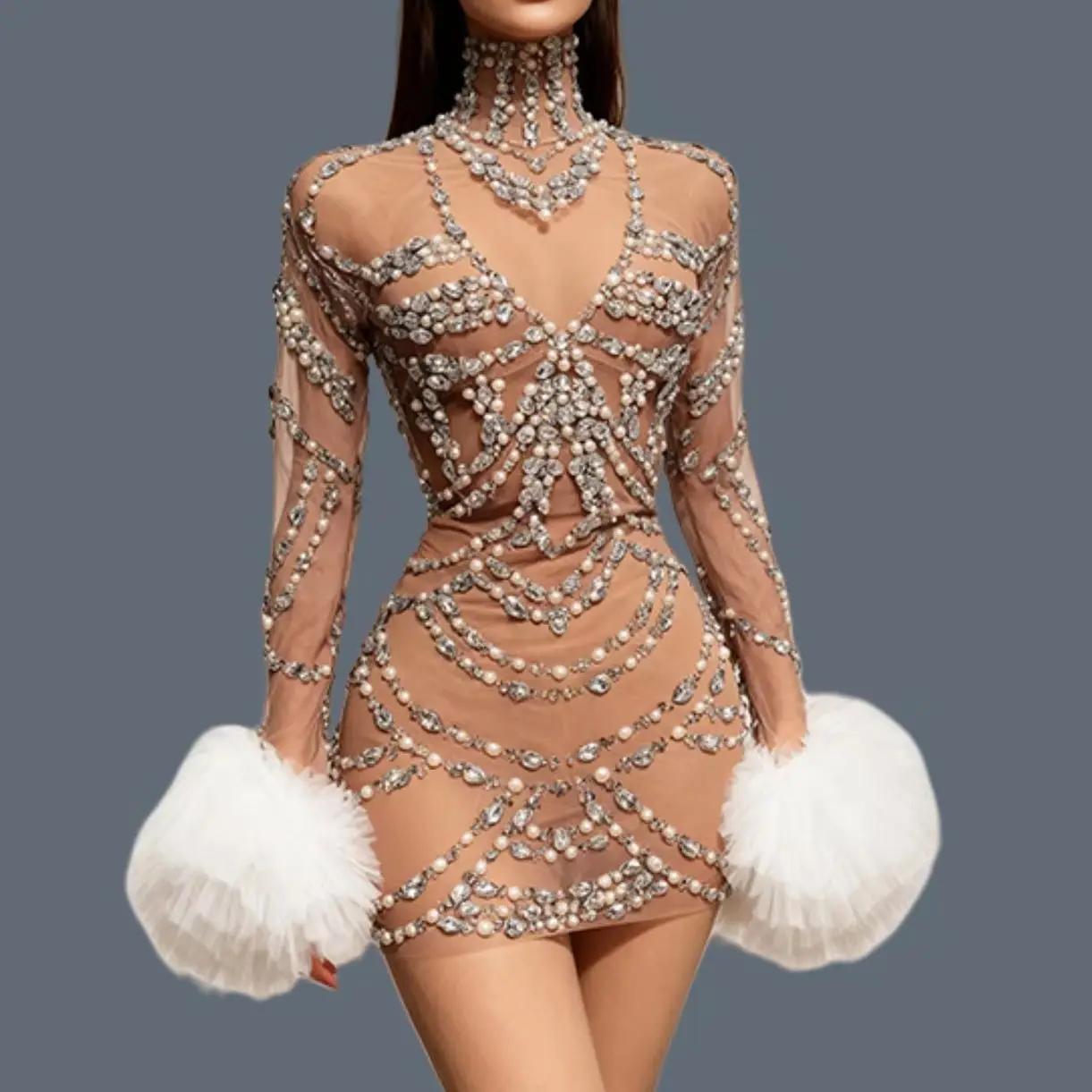 ชุดเดรสค็อกเทลคริสตัลระยิบระยับประดับมุก ดีไซน์เซ็กซี่ผ้าตาข่ายบางเบา เหมาะสำหรับงานพรอม งานเฉลิมฉลอง งานกาล่า งานปาร์ตี้ ชุดสาวมั่นสไตล์เผ็ดร้อน โมเดิร์น