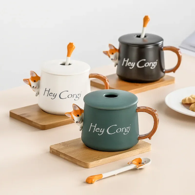 Cute Corgi Ceramic Coffee Mug Comes with Lid Spoon Drinking Glasses Home Office Couples Kawaii Cup Beautiful Tea Mugs