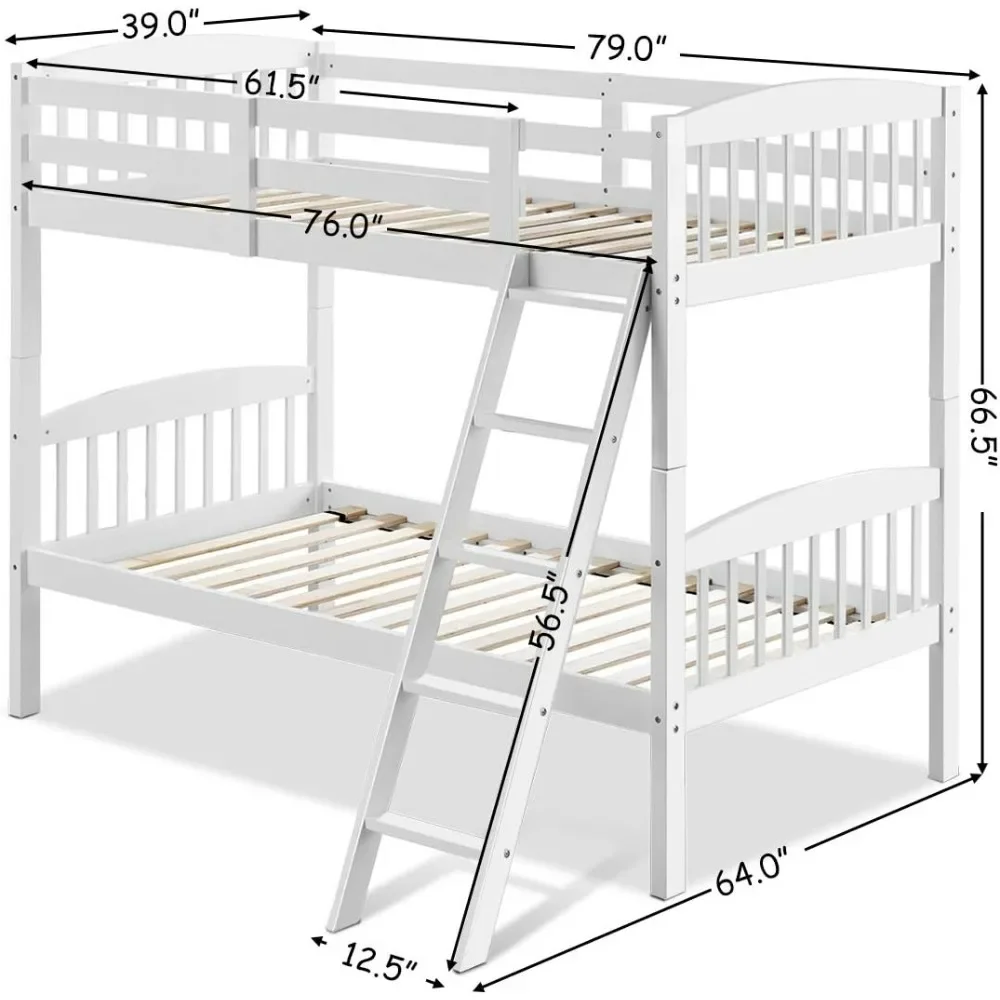 Litera doble sobre dos camas individuales, convertibles en dos camas individuales de madera maciza de caucho, muebles de dormitorio para dormir gemelos para niños