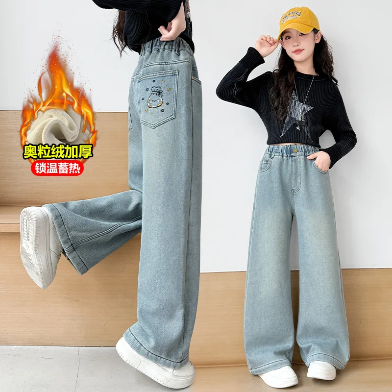 

Winter Thermal Jeans with Bag Embroidery Pocket for Kids Girls Warm Corduroy Insulate Denim Pants Children's Fleece Trousers