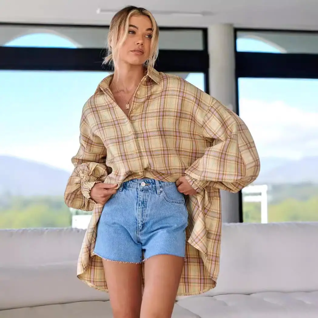 

Casual Faion College Plaid Lantern Sve Long Sve irt Loose Fit Polyester Summer 2025 Turn-down Collar Mid-length