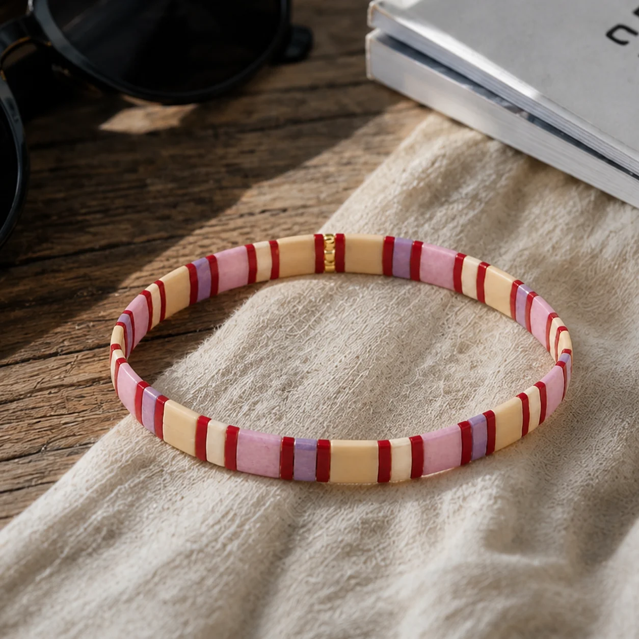 1pc Geometric Glass Beaded Strand Bracelet Pink Purple Cream Red Color Block Bohemian Style Unisex Wrist Jewelry