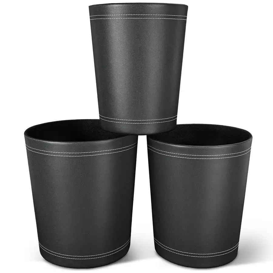 

Pack Black Round PU Leather Wastebasket,Trash Basket,Small Trash Can Wastepaper Baskets Garbage Can Container Bins for Bathrooms