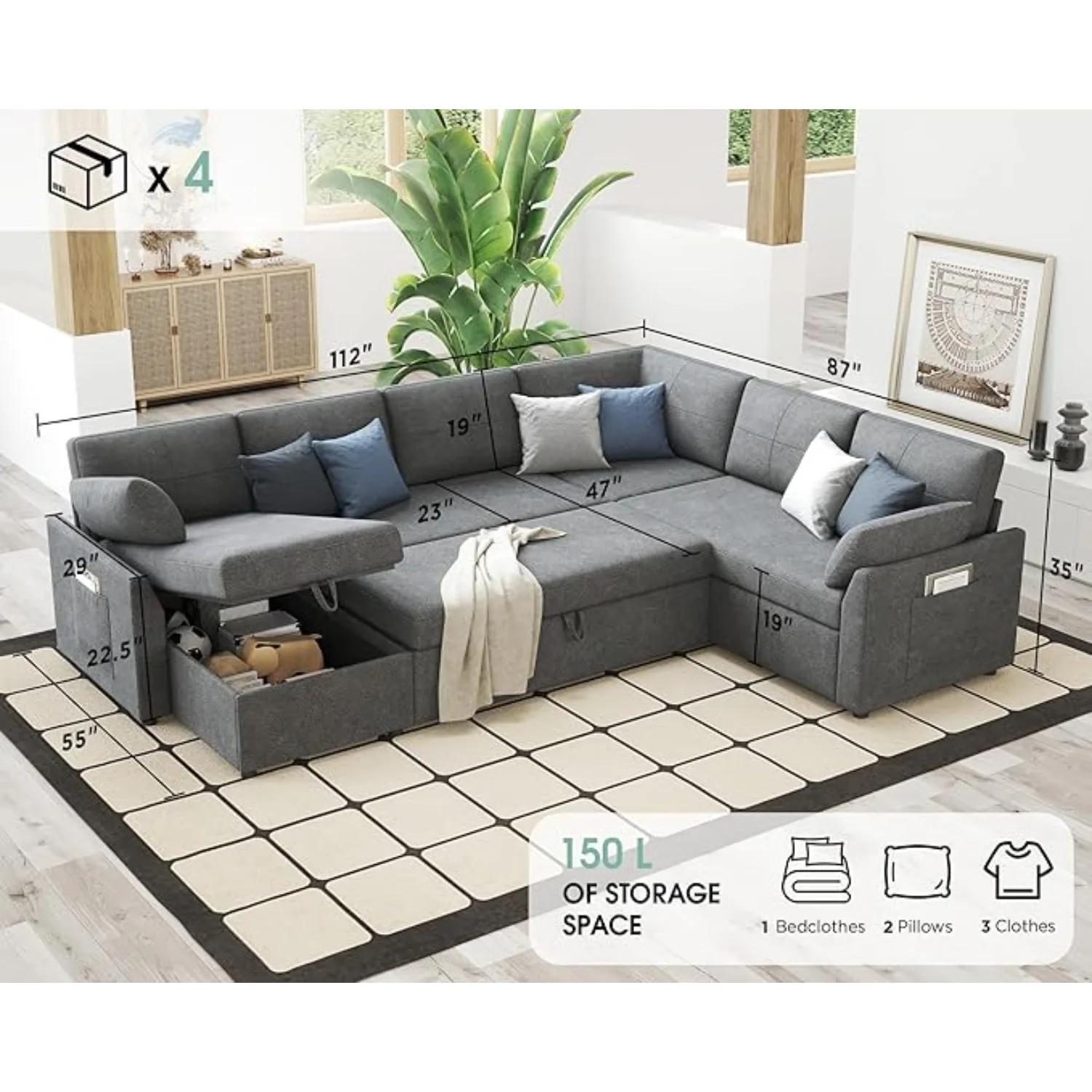 112 Inch Oversized U Shape Sleeper Sofa Couch with Storage Chaise & 3 Seater, Comfy Couch with Pull Out Bed for Living Room