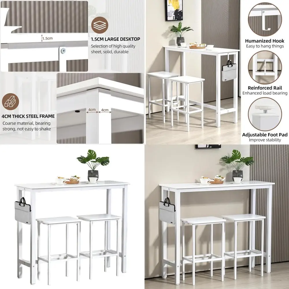 

Компактный барный стол из металла и дерева (47 дюймов) с 2 табуретами – высота столешницы для небольших помещений, кухни и уголка для завтрака – белый