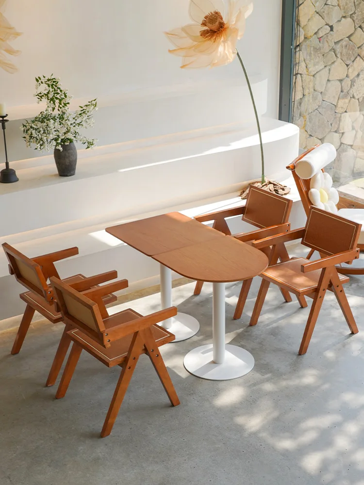 

Cafe milk tea shop Nordic rattan solid wood dining table and chair designer chair specialty Western restaurant table and chair