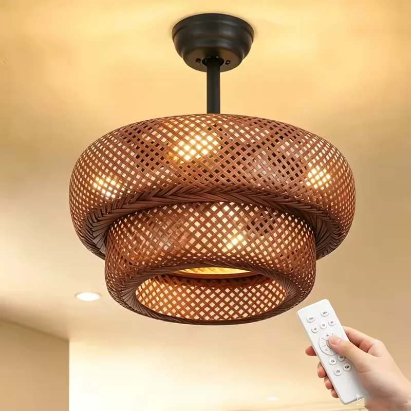 Ventilador de Techo de Bambú de 6 Velocidades y Perfil Bajo con Luces, Ventilador de Techo de Bambú de 4 Luces con Control Remoto, Ventilador de Techo de Ratán con Luz