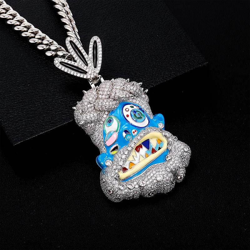 Hip Hop Full CZ Stone Paved Bling Iced Out Color Dripping Oil Funny Cartoon Avatar Pendants Necklace for Men Rapper Jewelry