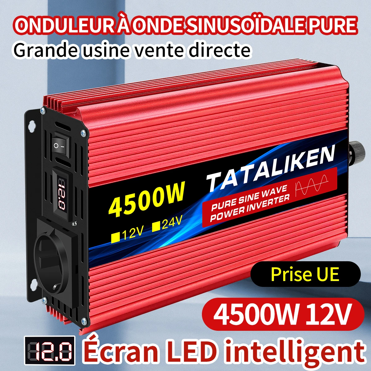 Onduleur à onde sinusoïdale Pure, prise ue, accessoires automobiles, convertisseur de transfert de tension DC 12V/24V à AC 220V, adaptateur de charge, affichage LED