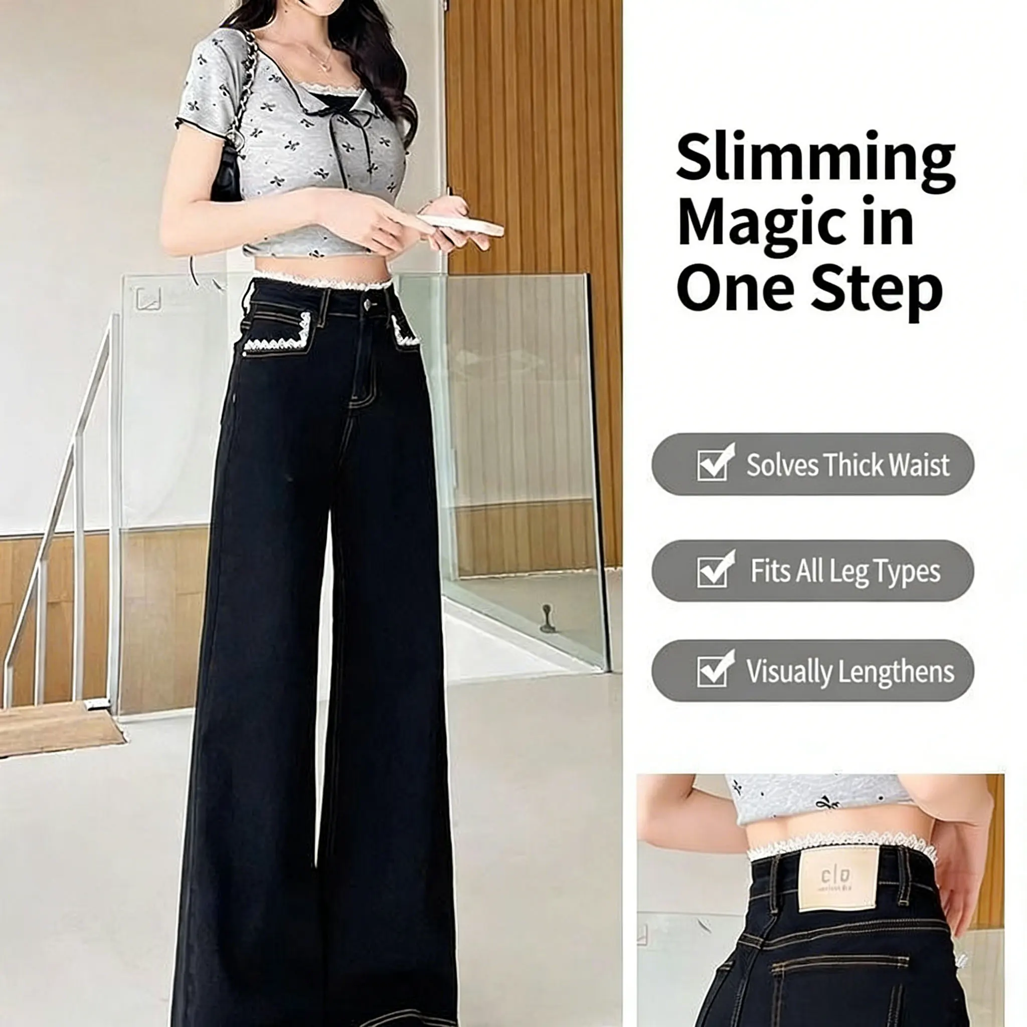 Czarne dżinsy z szerokimi nogawkami i koronkowym wykończeniem, damskie, letni trend, cienkie, szerokie, duży rozmiar, uniwersalne, szerokie spodnie z wysokim stanem, proste dżinsy.