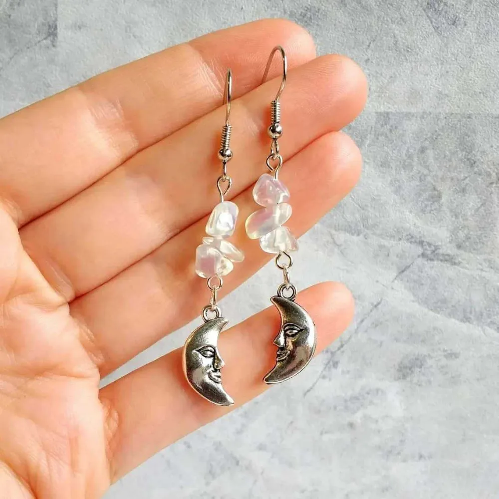 Bohemian Abstract Human Face Crescent Moon Irregular Crystal Moonstone Beads Dangle Earrings for Women Goth-themed Party Jewelry