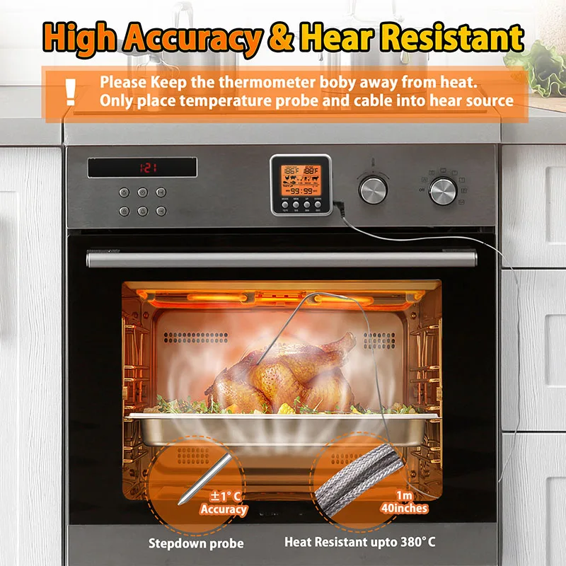 Forno termômetro digital com retroiluminação LCD, BBQ termômetro, BBQ termômetro, Celsius conversão, contagem regressiva ou temporizador, Fahrenheit, Celsius