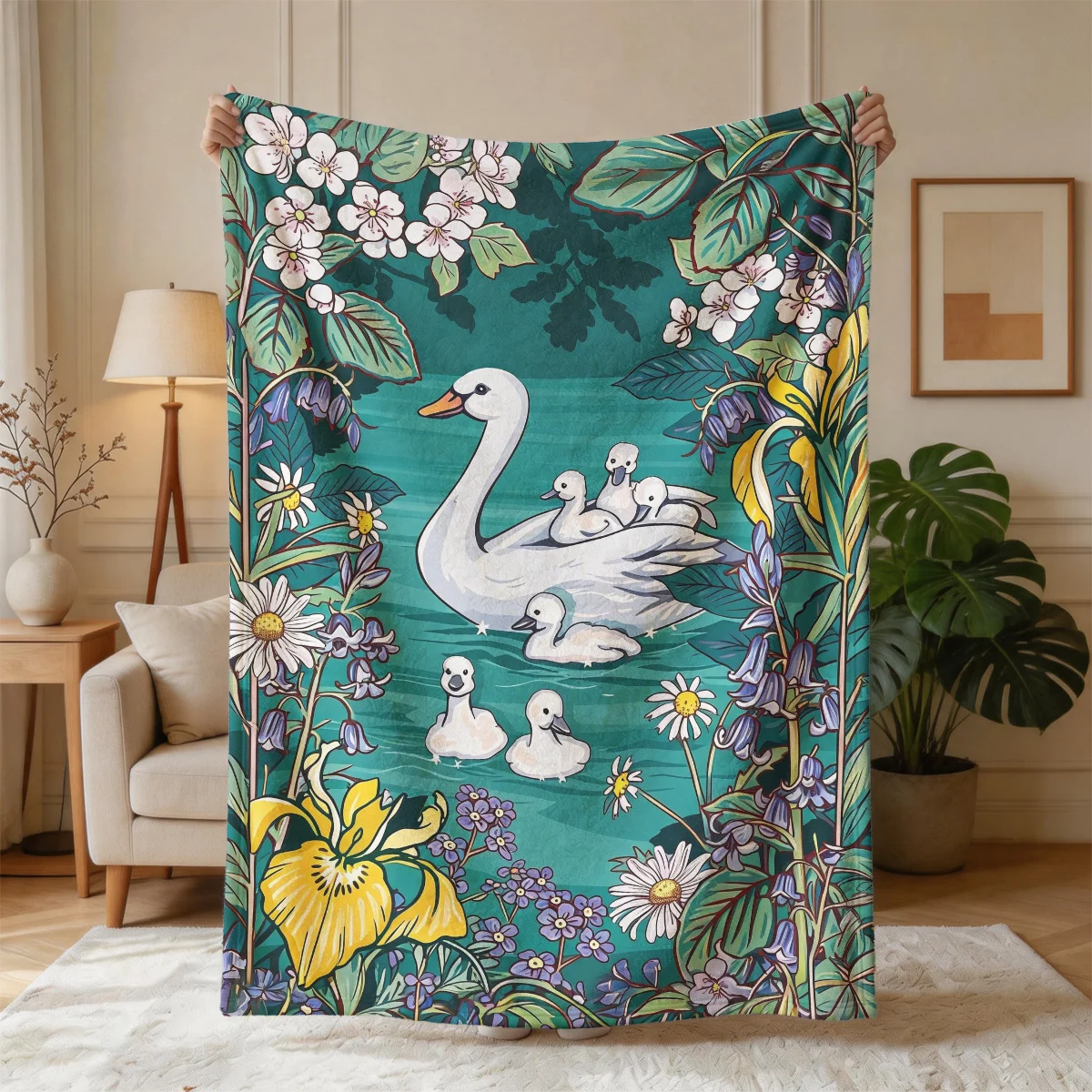 Watercolor Swan Family Floral Botanical Print Throw Blanket Cozy Nursery Decor Gift for Baby Shower
