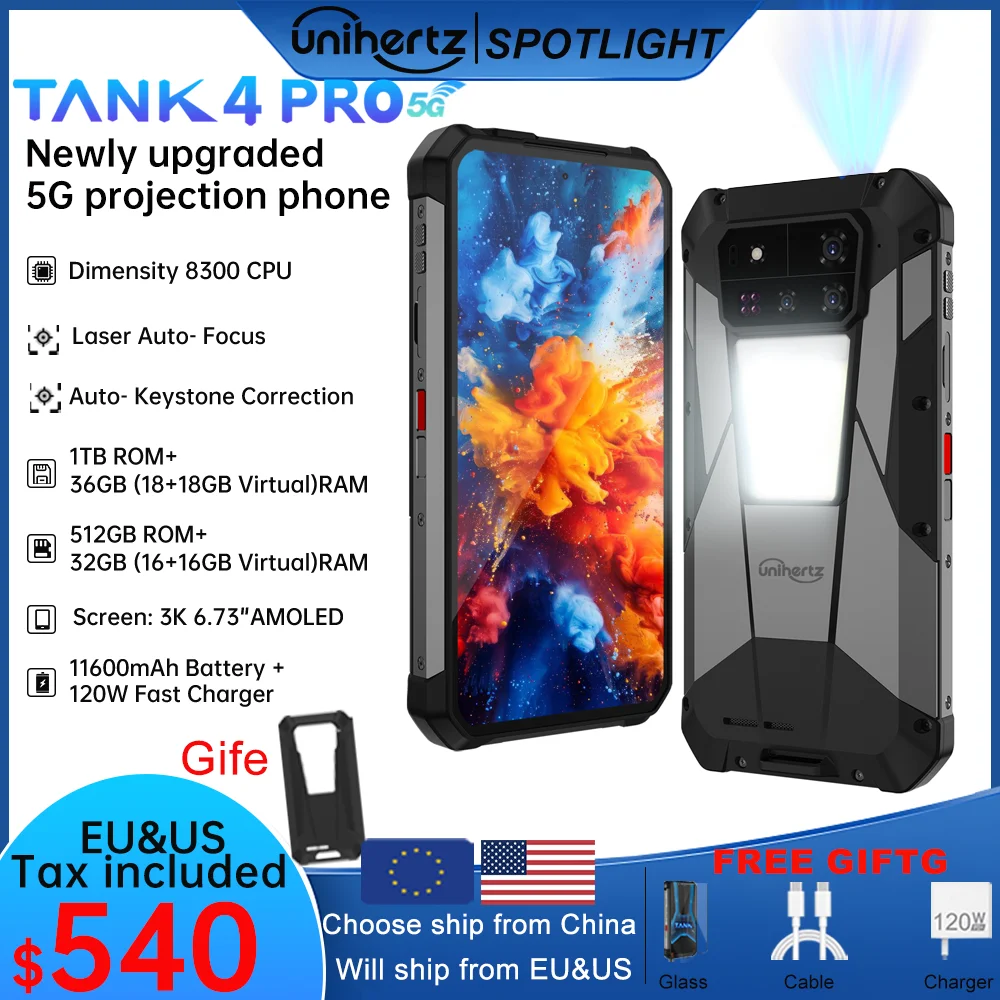 

Unihertz от 8849 Телефон Tank 4 pro 5G Встроенный проектор 720P Размер 8300 16 ГБ/18 ГБ 3k AMOLED 11600 мАч IP68/IP69