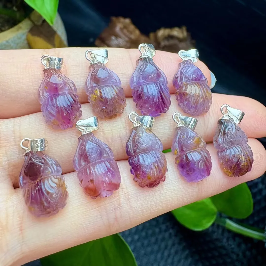 1 Pc Fengbaowu Natural Stone Purple Quartz Rutilated Aurora 23 Fox Pendant 17MM 925 Sterling Silver Jewelry Gift For Women