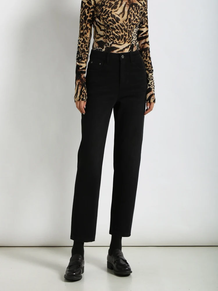 

Women's Straight Leg Thi Velvet Elastic Harlan Jeans Casual High Waist Nine Points Cotton Stretch Denim Pants Slimming