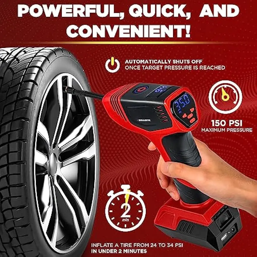 Portable Air Compressor for Car Tires, 150PSI Rechargeable with Auto Shut Off, LED Screen & Lights