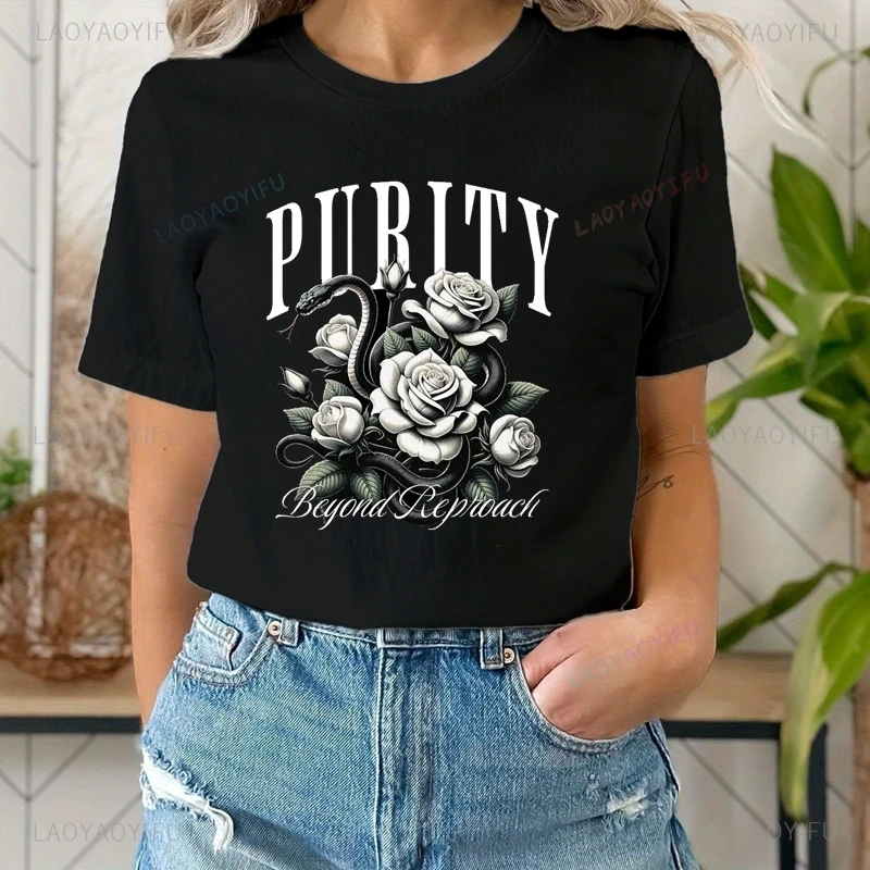 Purity's White Rose Print T-shirt, Spring/summer Everyday Street Wear, Women's Oversized T-shirt Short-sleeved Casual Shirt