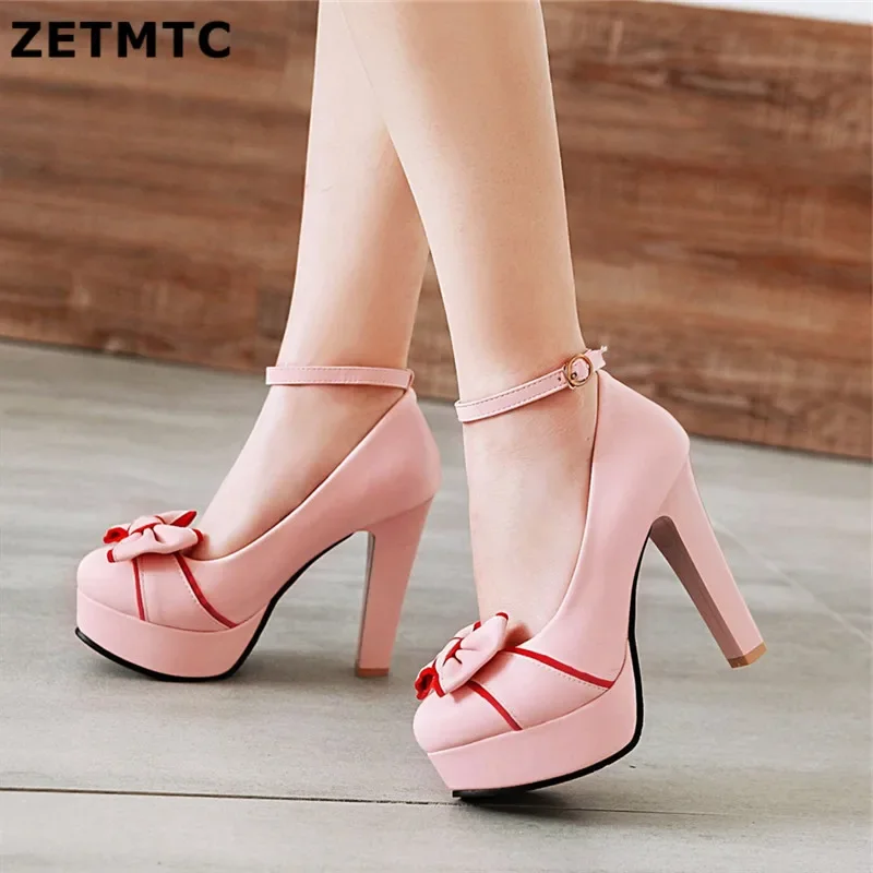 Women Sweet Bow High Heels Shoes High Heel Platform Bottom White Work Shoes Women Dress Wedding Shoes Big Size 43