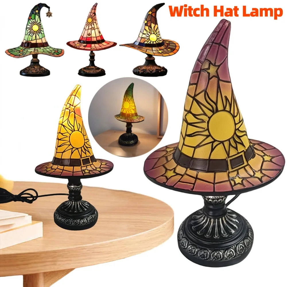 Lampu Topi Penyihir Cetak Kaca Patri Resin Lampu Meja Kecil Bertenaga USB Lampu Malam untuk Ruang Tamu Kamar Tidur Dekorasi Halloween