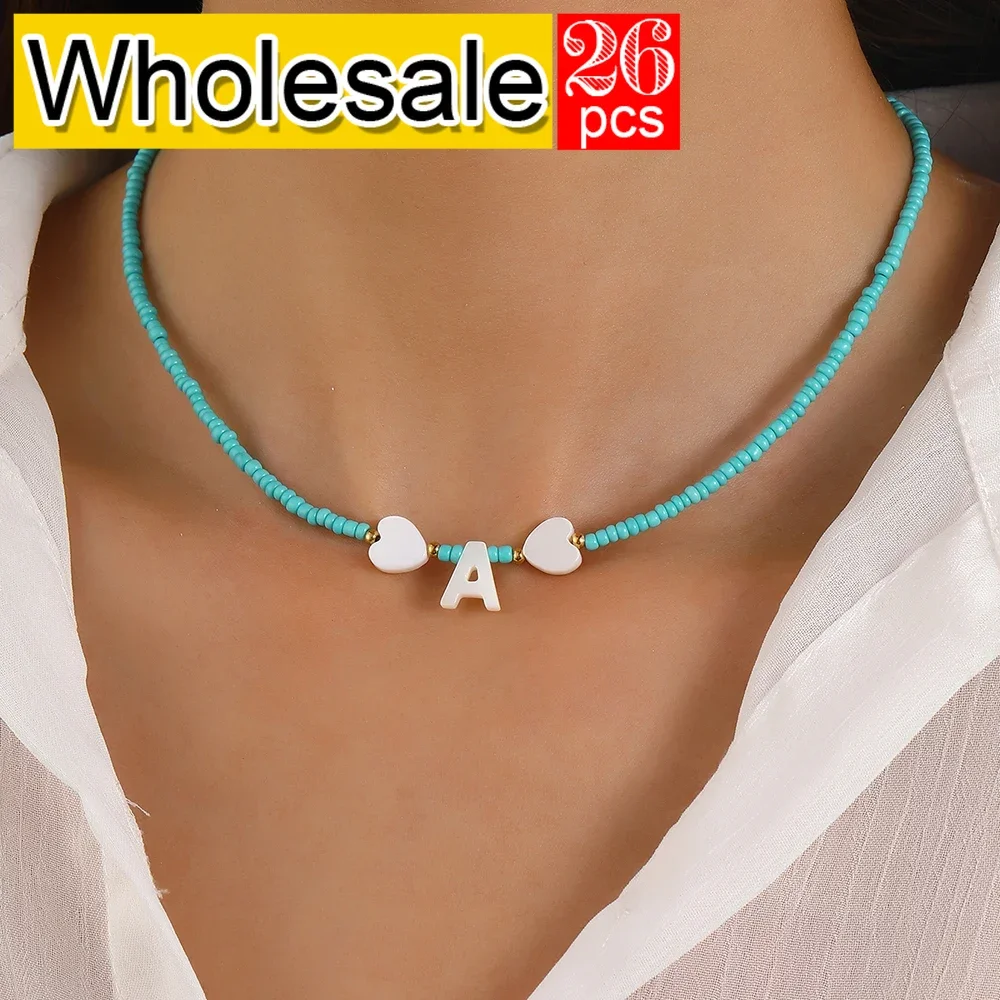 

26PCS Summer Bohemian Heart shaped Shell A-Z Initial Women's Necklace Blue Rice Bead Necklace Beach Bead Neckchain Wholesale