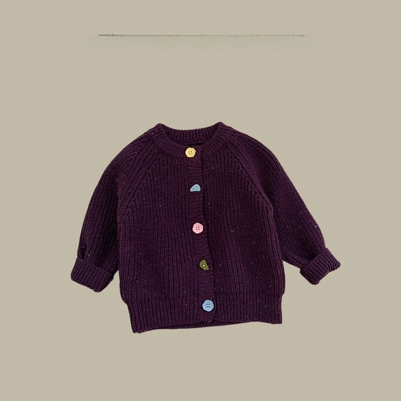 Children's colored dot thick thread knitted cardigan baby girls spring and autumn colored button sweater soft and sticky top