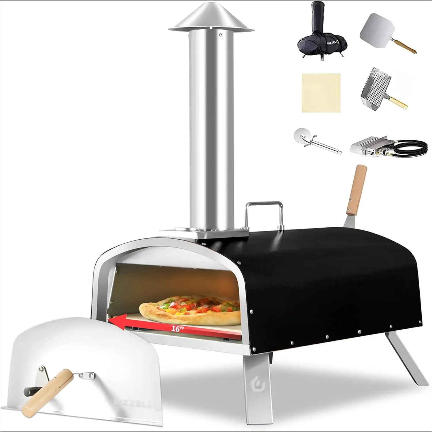 

16 inch outdoor propane and wooden stainless steel pizza grill with gas burner, wooden tray pizza stone (black)
