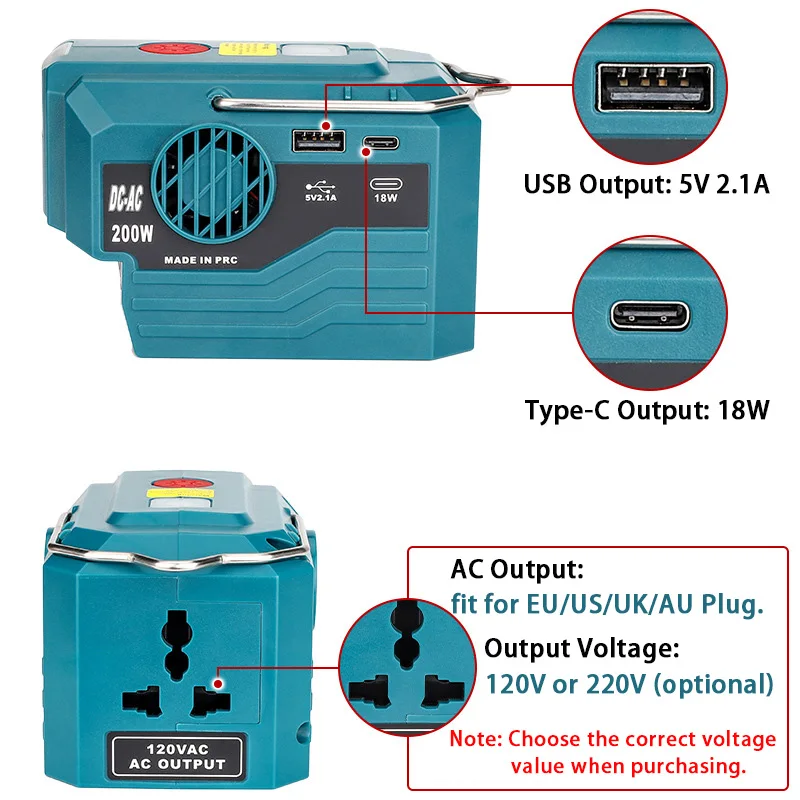 200W Li-ion Battery Power Inverter for Makita 18V To AC 120V/220V,Power Supply Inverter with LED Work Light,USB Type-C Output