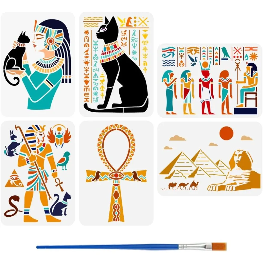 6PCS Egyptian People Stencils for Painting with Brush 8.3x11.7inch Reusable Architecture Template Hollowed Egyptian Symbols